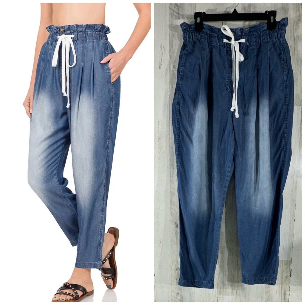 Zenana Paperbag Waist Tapered Ankle Pants Large Blue Tencel Relaxed High Rise
